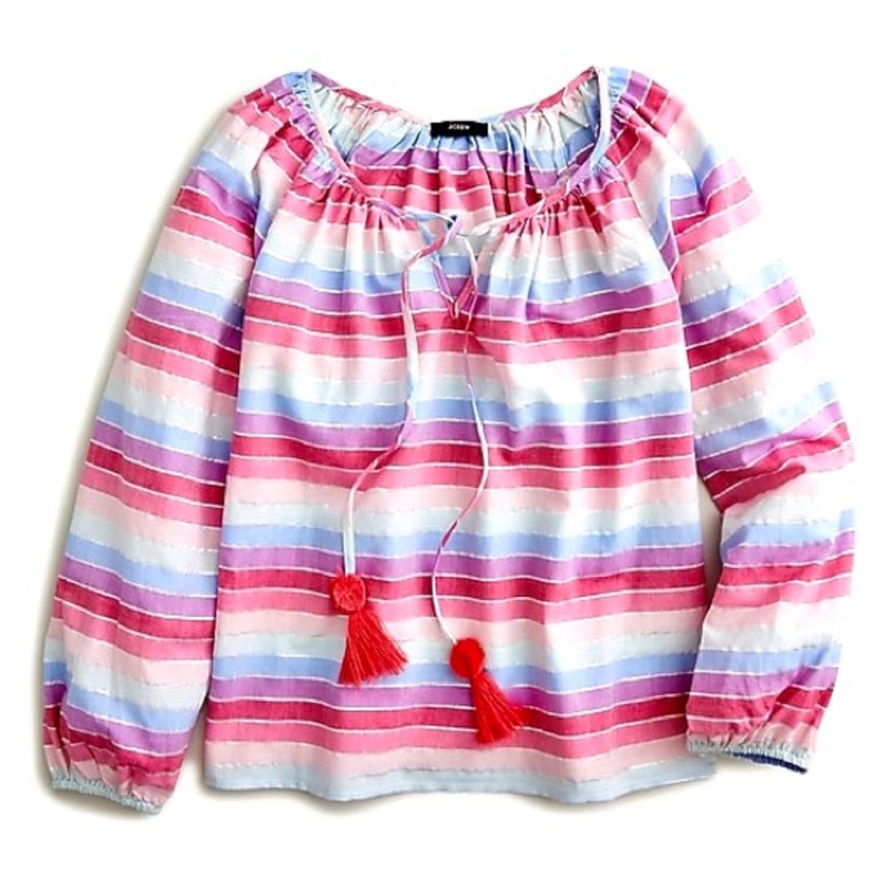 J. Crew Metallic Stripe Peasant Top Tassel Tie